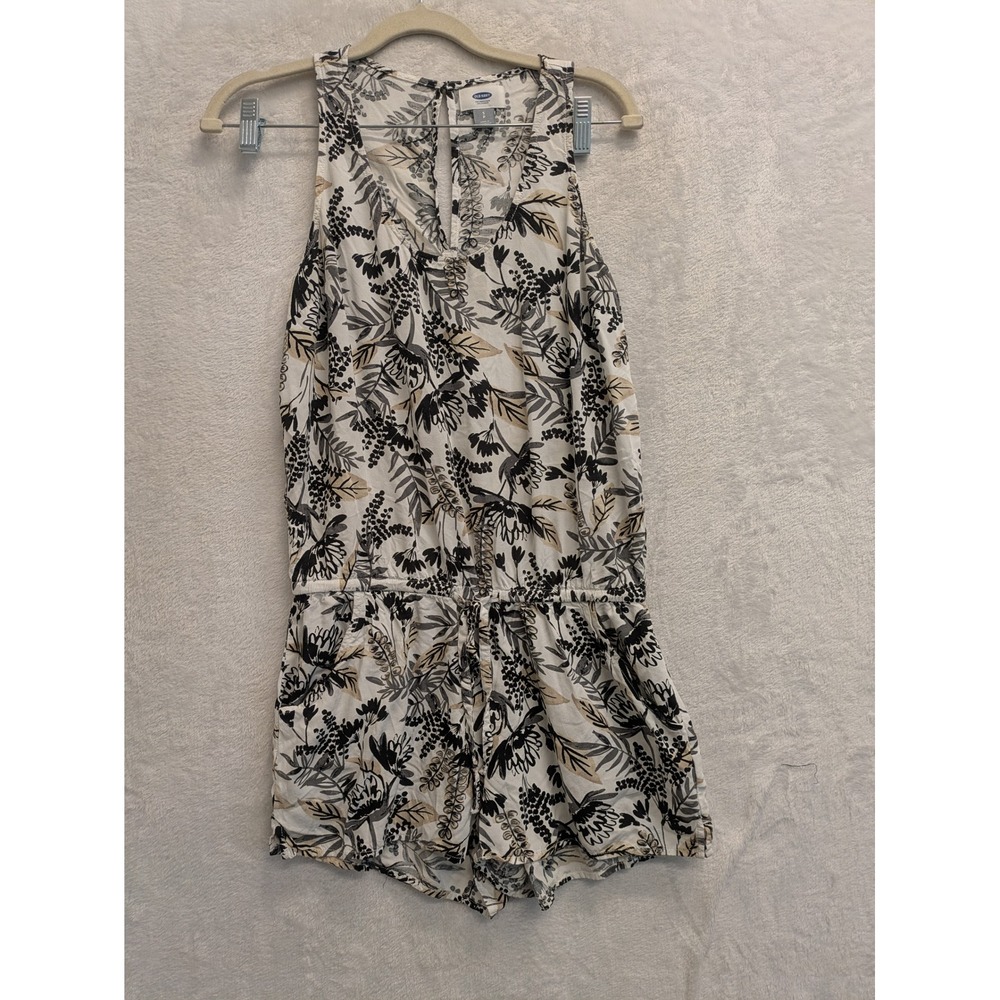 Old Navy Women's S Floral Sleeveless Romper Jumpsuit Black White Tan Drawstring